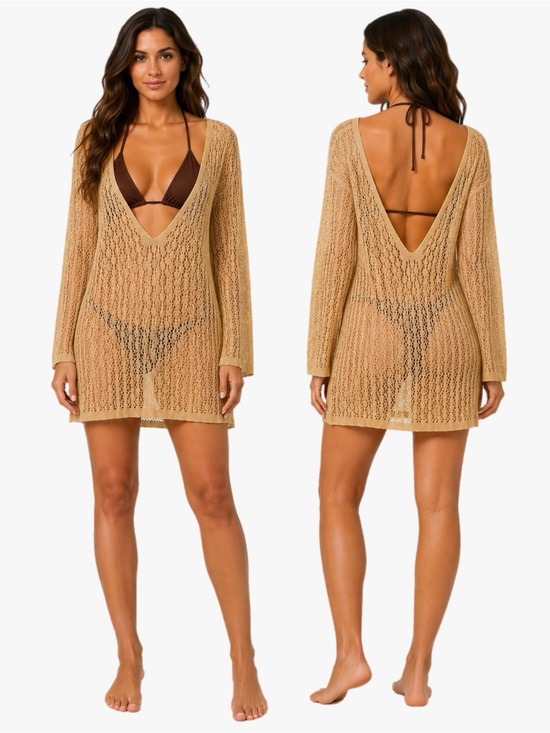 Other - NWT BREATHSUNNY Sheer Crochet Knit V-Neck Swim Cover-Up Tunic Dress Tan Large